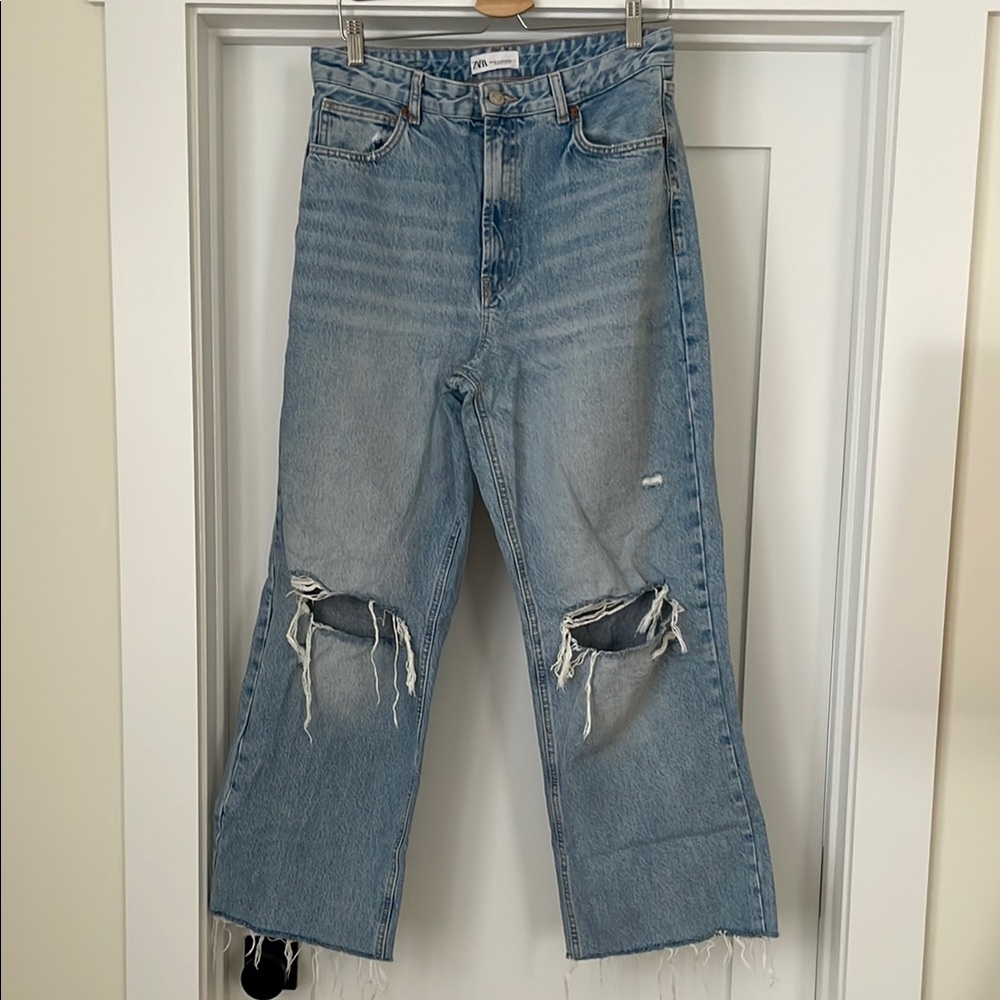 Zara Light Blue Distressed Wide Leg Jeans
